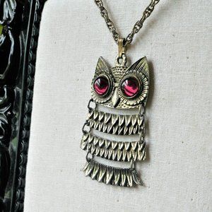Vintage Owl Necklace with Purple Glass Eyes